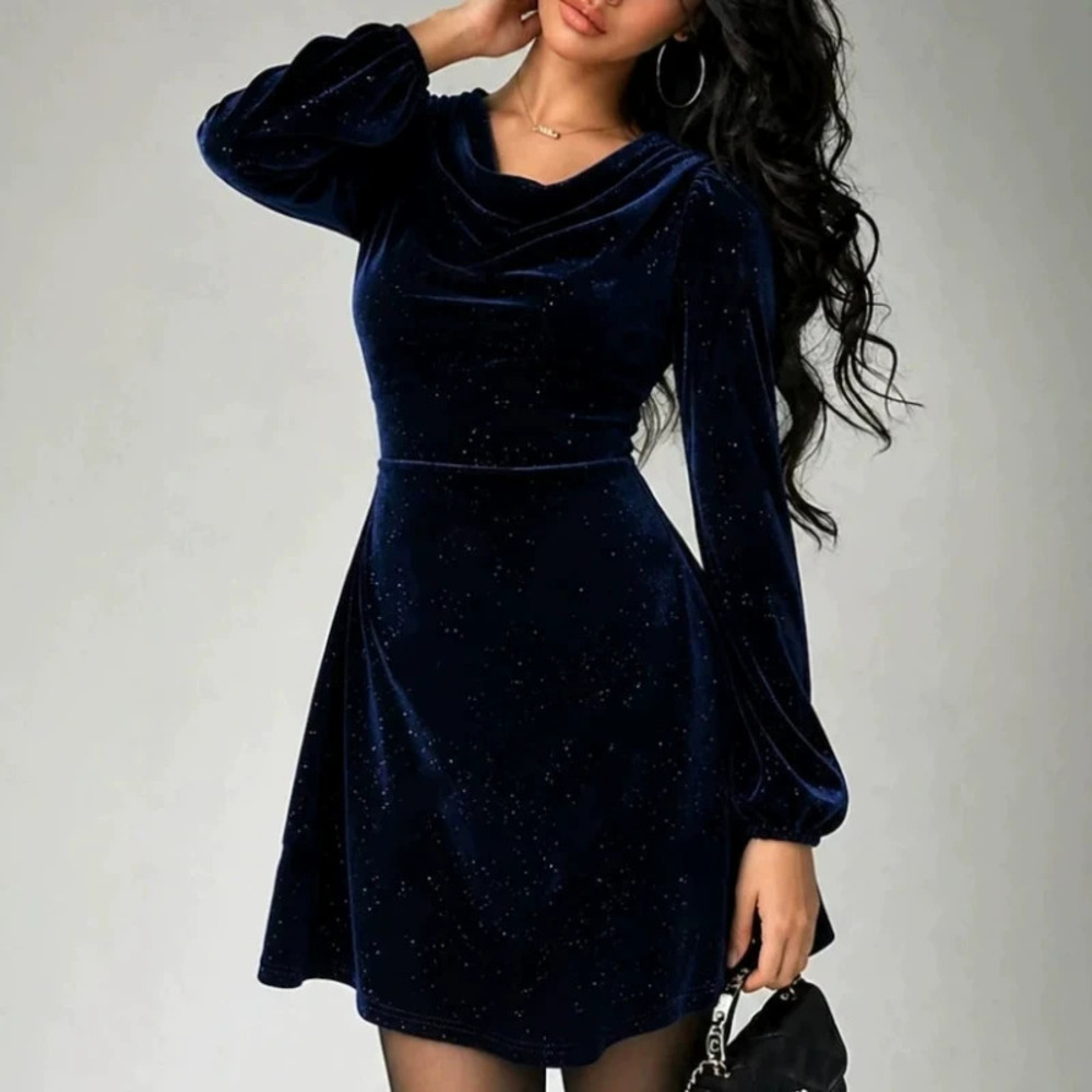 ZARA Elegant Textured Short Party Dress Sexy Draped Neckline Long Sleeve